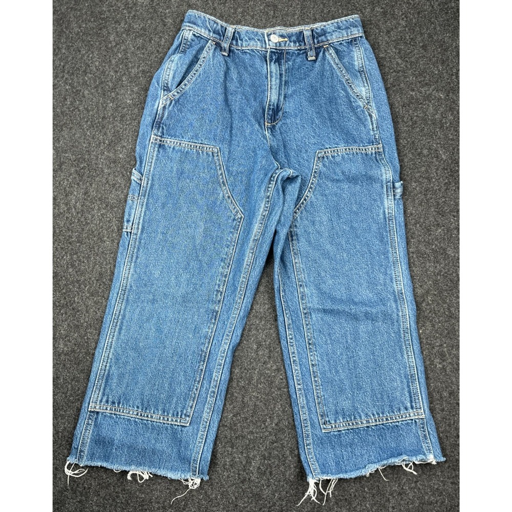 Old Navy Girls Carpenter Jeans 14 High Rise Relaxed Double Knee Raw Hem Blue